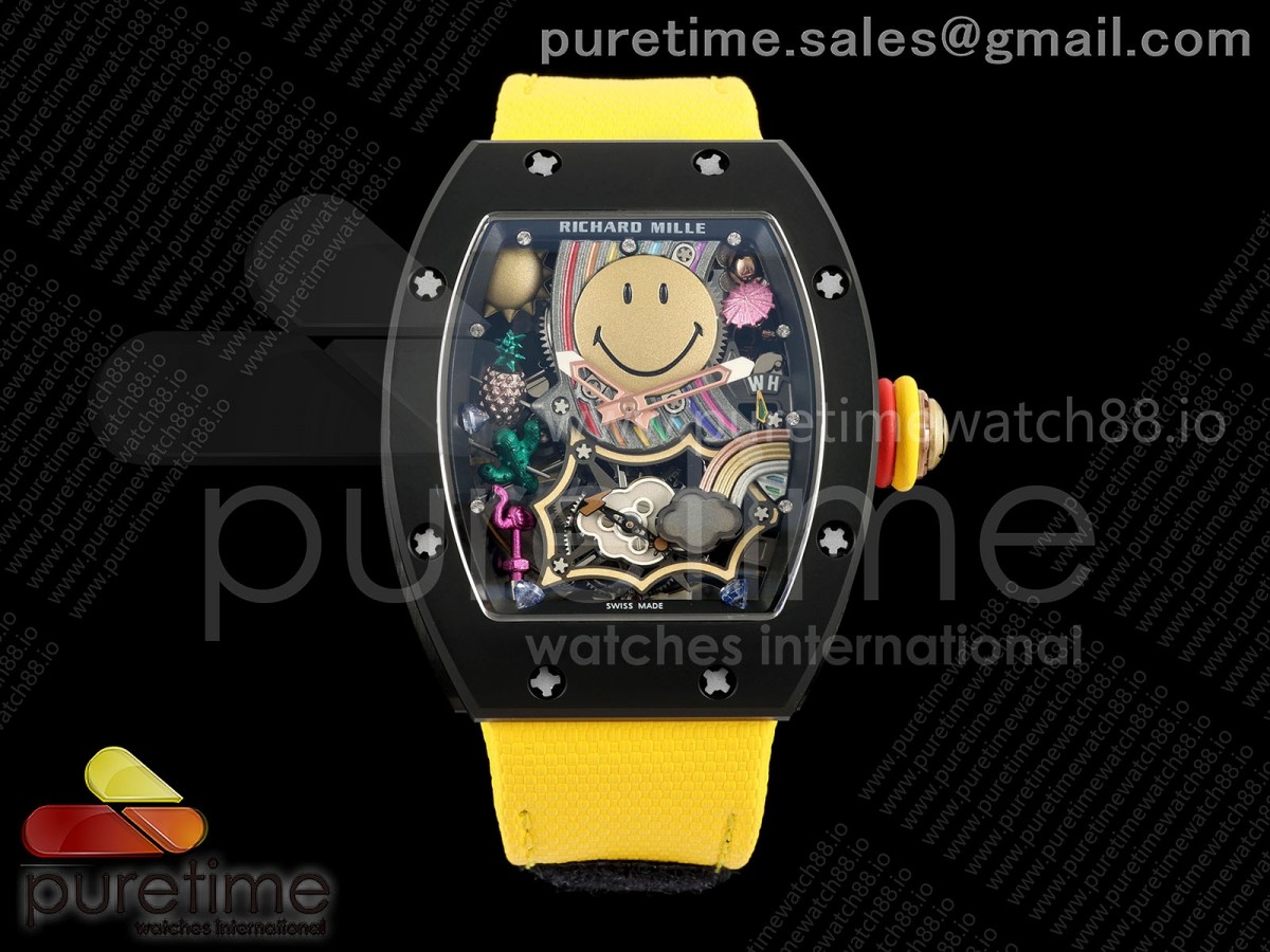 RM88 Tourbillon Smiley Black Ceramic RMF on Yellow Velcro Strap