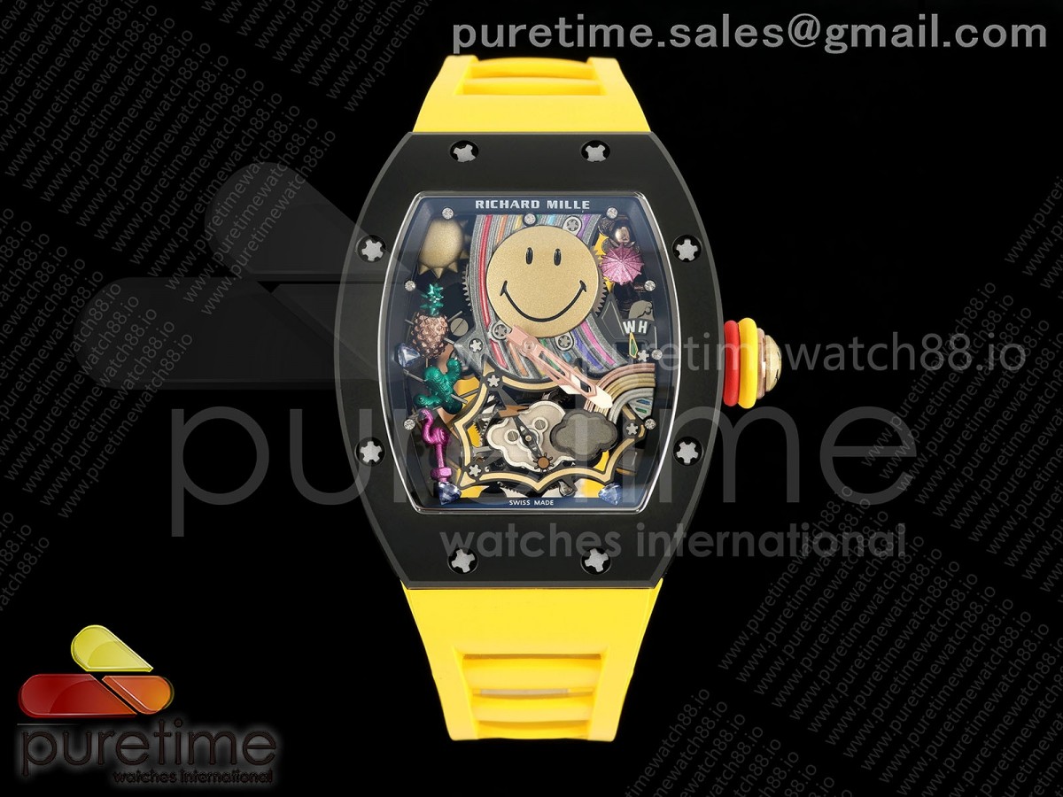 RM88 Tourbillon Smiley Black Ceramic RMF on Yellow Rubber Strap