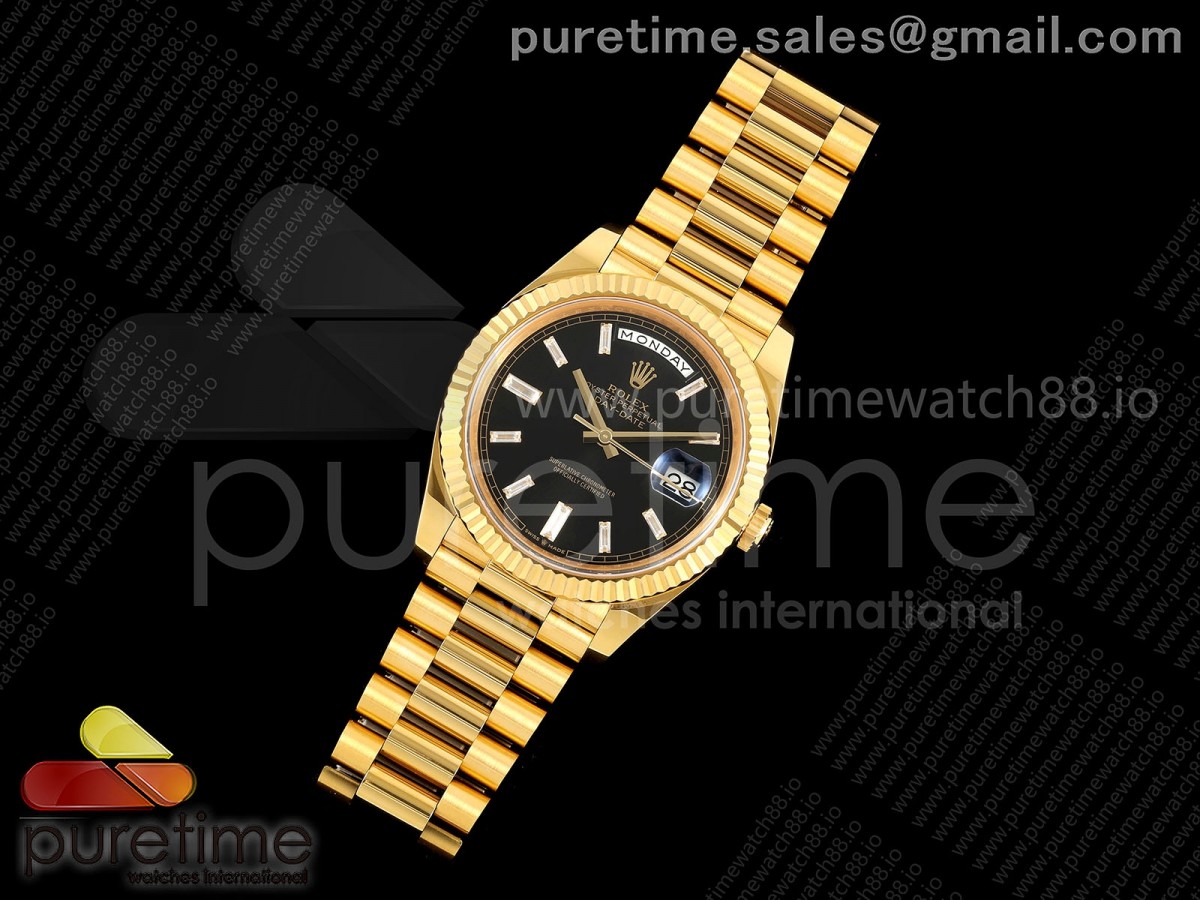 Day Date 40 YG EWEF Black Dial Crystal Markers on President Bracelet A3255 (158g)