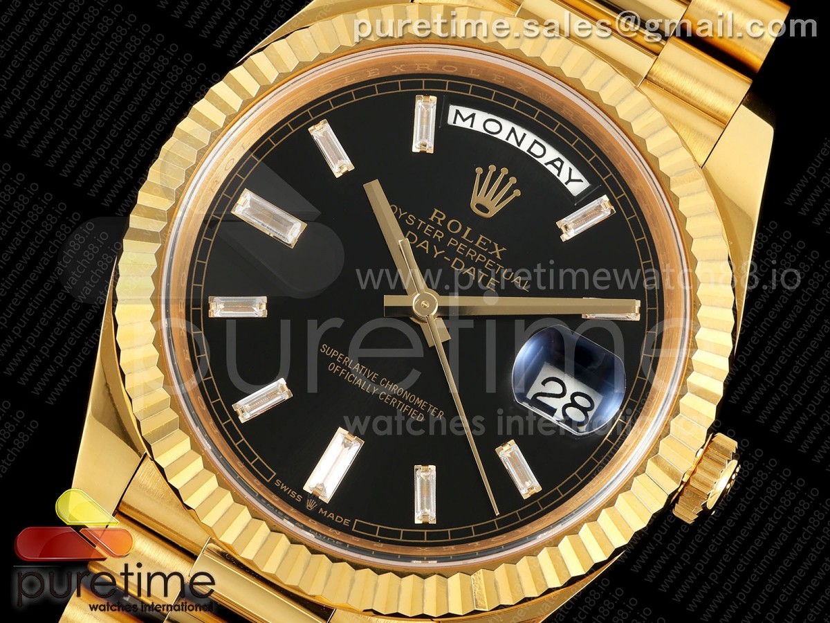 Day Date 40 YG EWEF Black Dial Crystal Markers on President Bracelet A3255 (158g)