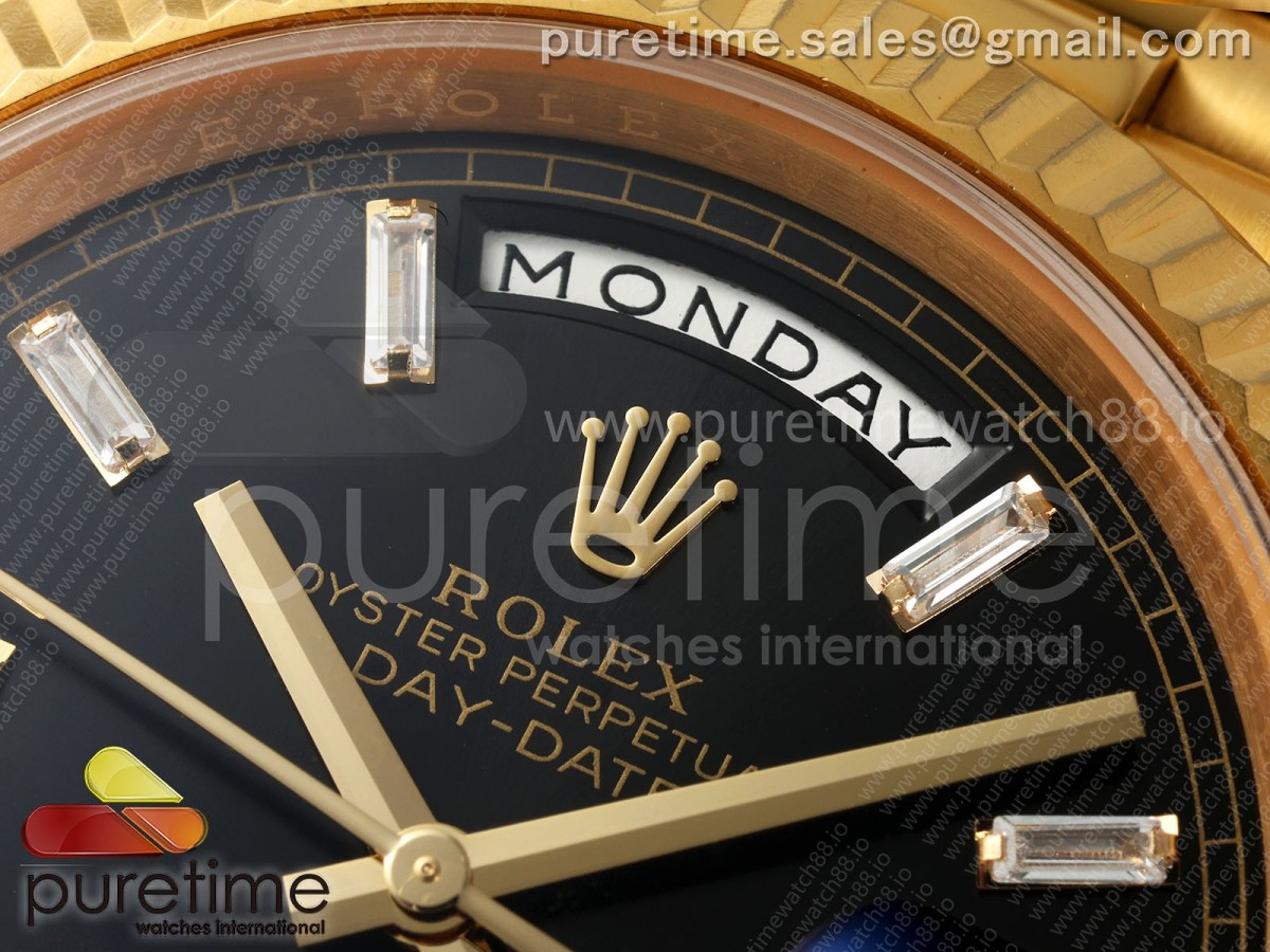 Day Date 40 YG EWEF Black Dial Crystal Markers on President Bracelet A3255 (158g)