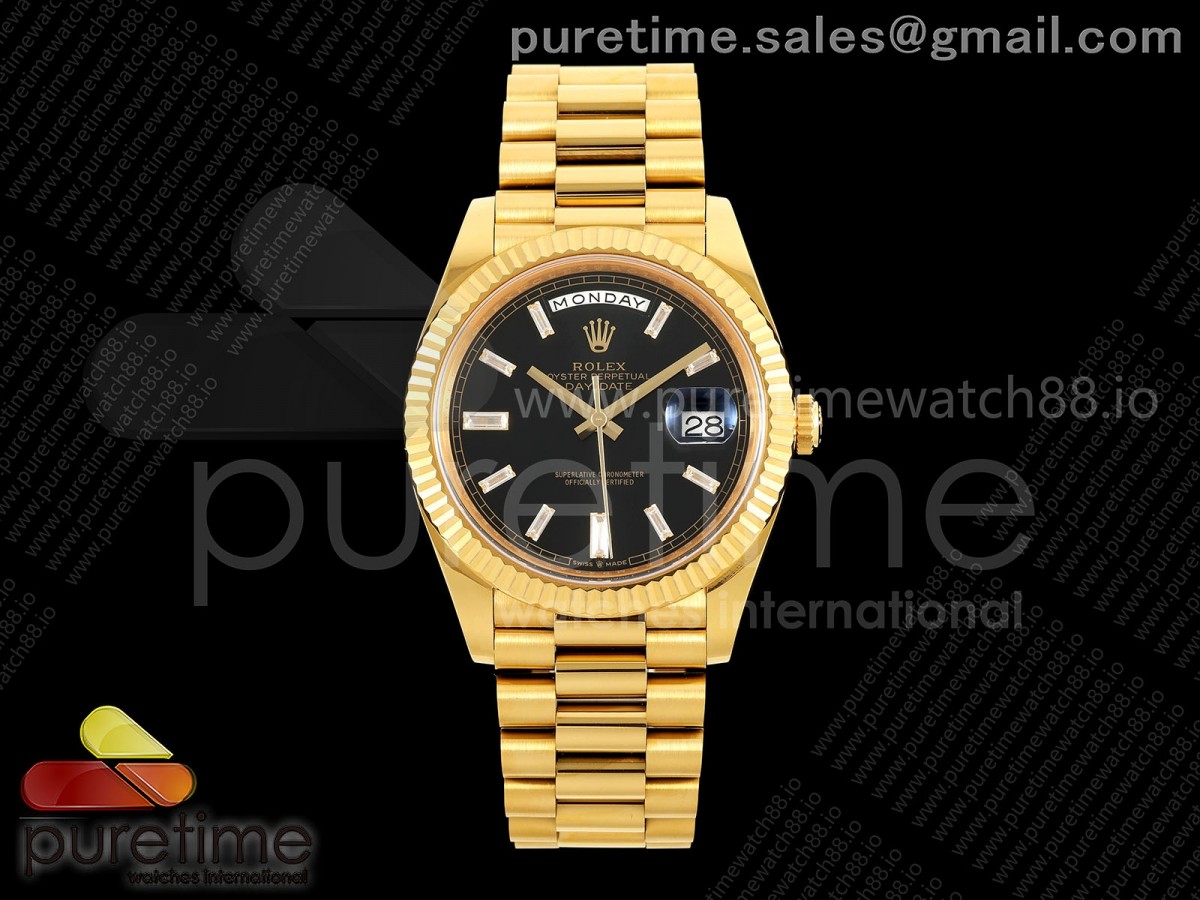 Day Date 40 YG EWEF Black Dial Crystal Markers on President Bracelet A3255 (158g)