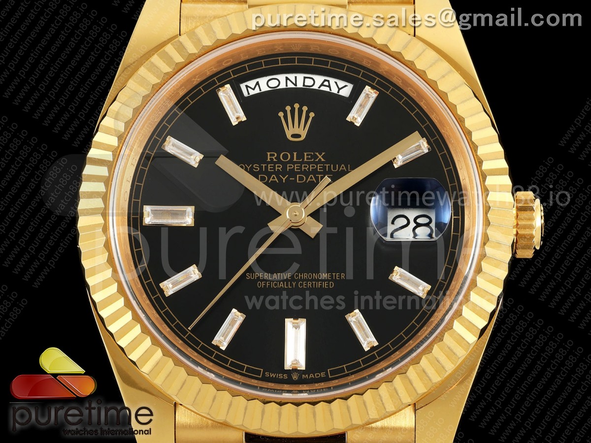 Day Date 40 YG EWEF Black Dial Crystal Markers on President Bracelet A3255 (158g)