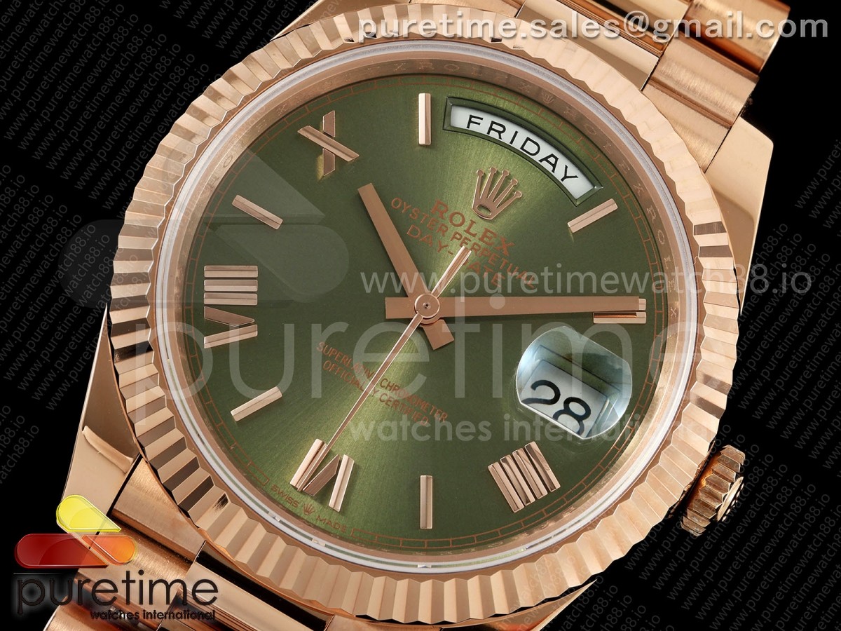 Day Date 40 RG TMF Green Roman Dial on President Bracelet VR3255 (220g)