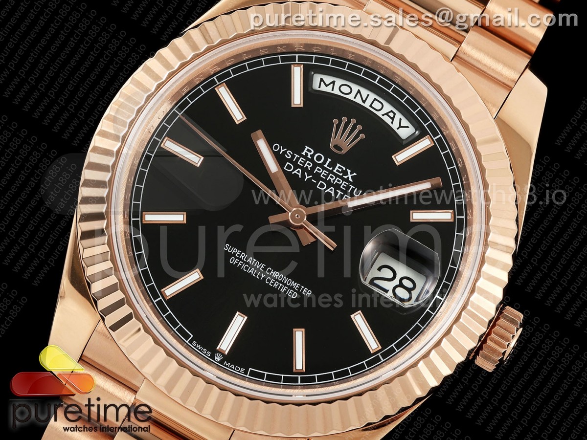 DayDate 40 RG QF 904L Steel Black Stick Dial on President Bracelet VR3255 V8 (Gain Weight)