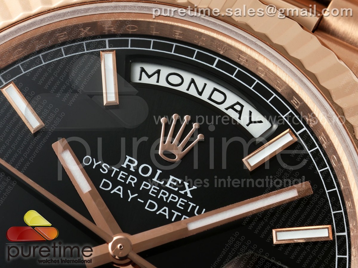 DayDate 40 RG QF 904L Steel Black Stick Dial on President Bracelet VR3255 V8 (Gain Weight)