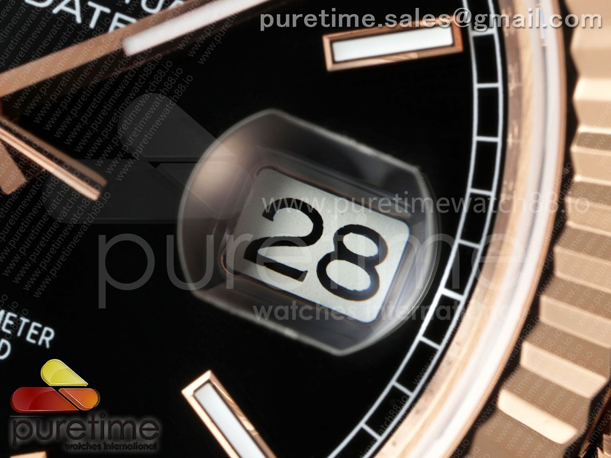 DayDate 40 RG QF 904L Steel Black Stick Dial on President Bracelet VR3255 V8 (Gain Weight)
