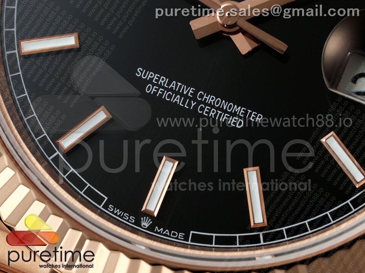 DayDate 40 RG QF 904L Steel Black Stick Dial on President Bracelet VR3255 V8 (Gain Weight)