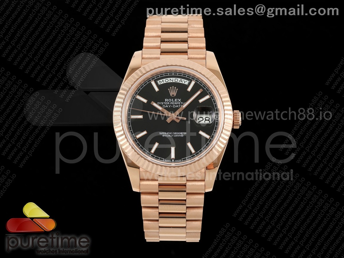 DayDate 40 RG QF 904L Steel Black Stick Dial on President Bracelet VR3255 V8 (Gain Weight)