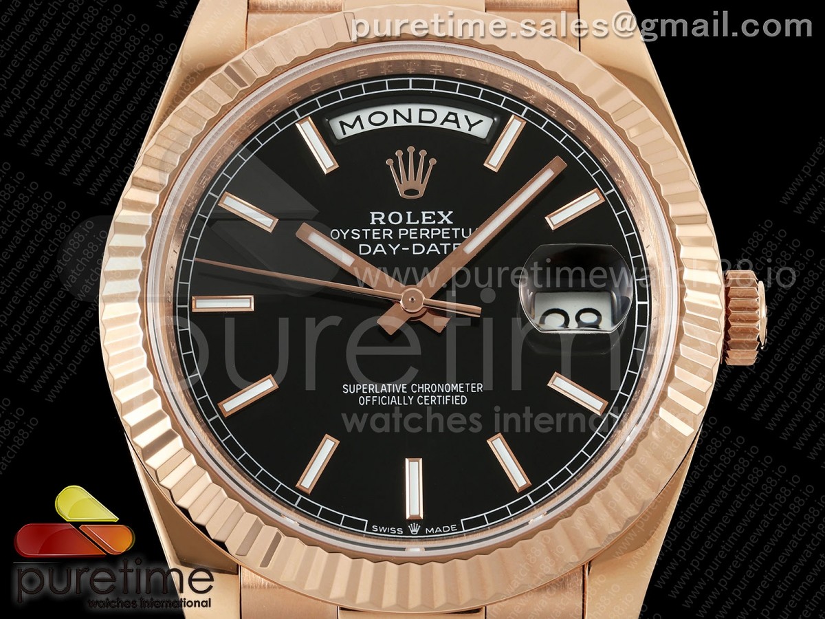 DayDate 40 RG QF 904L Steel Black Stick Dial on President Bracelet VR3255 V8 (Gain Weight)