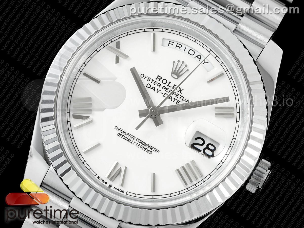 DayDate 40 SS QF 904L Steel White Roman Dial on President Bracelet VR3255 V8 (Gain Weight)