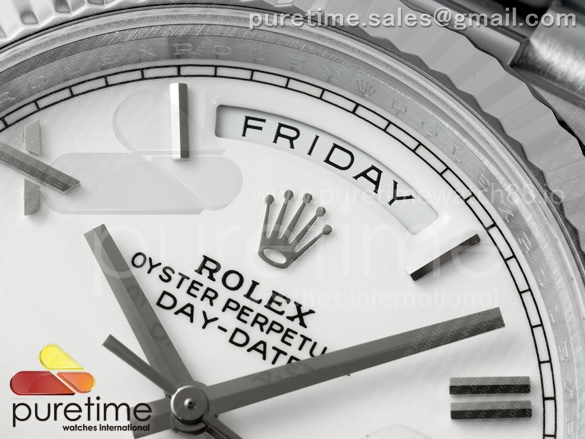 DayDate 40 SS QF 904L Steel White Roman Dial on President Bracelet VR3255 V8 (Gain Weight)