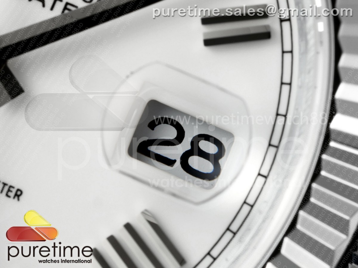 DayDate 40 SS QF 904L Steel White Roman Dial on President Bracelet VR3255 V8 (Gain Weight)