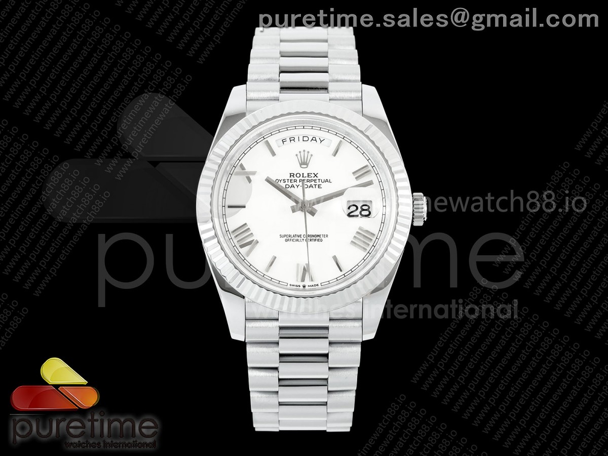 DayDate 40 SS QF 904L Steel White Roman Dial on President Bracelet VR3255 V8 (Gain Weight)