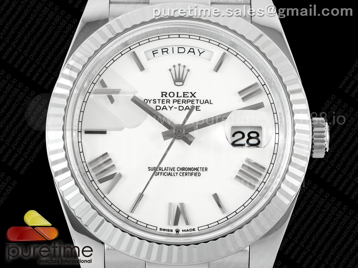DayDate 40 SS QF 904L Steel White Roman Dial on President Bracelet VR3255 V8 (Gain Weight)