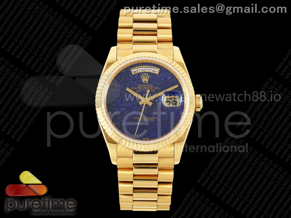 Day Date 36 YG RAF Blue Lapis Dial Fluted Bezel on YG Bracelet A2836