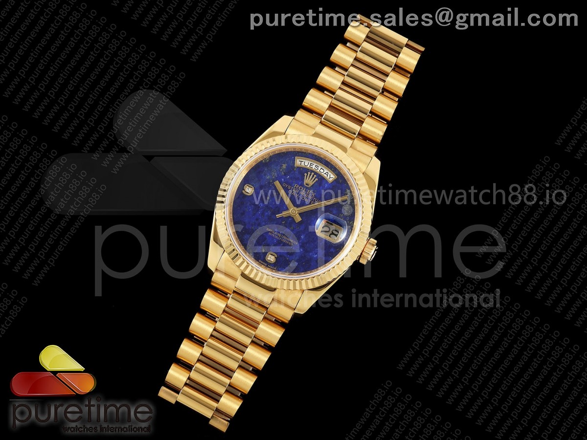 Day Date 36 YG RAF Blue Lapis Diamonds Dial Fluted Bezel on YG Bracelet A2836