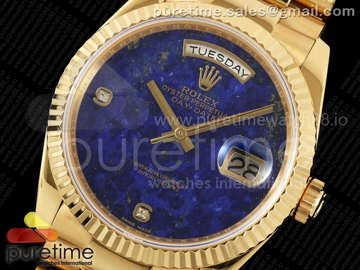 Day Date 36 YG RAF Blue Lapis Diamonds Dial Fluted Bezel on YG Bracelet A2836