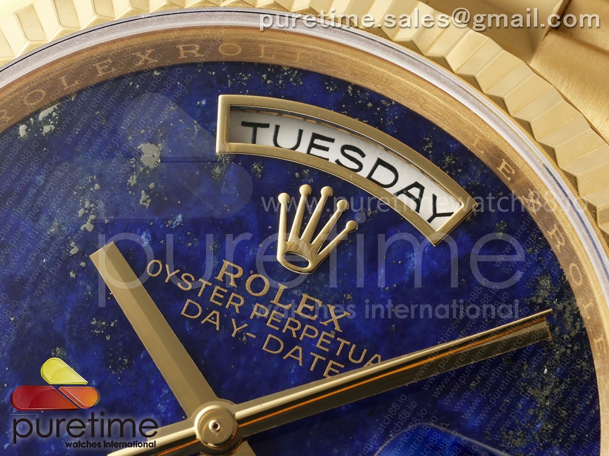 Day Date 36 YG RAF Blue Lapis Diamonds Dial Fluted Bezel on YG Bracelet A2836