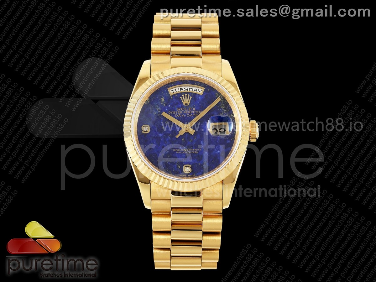 Day Date 36 YG RAF Blue Lapis Diamonds Dial Fluted Bezel on YG Bracelet A2836