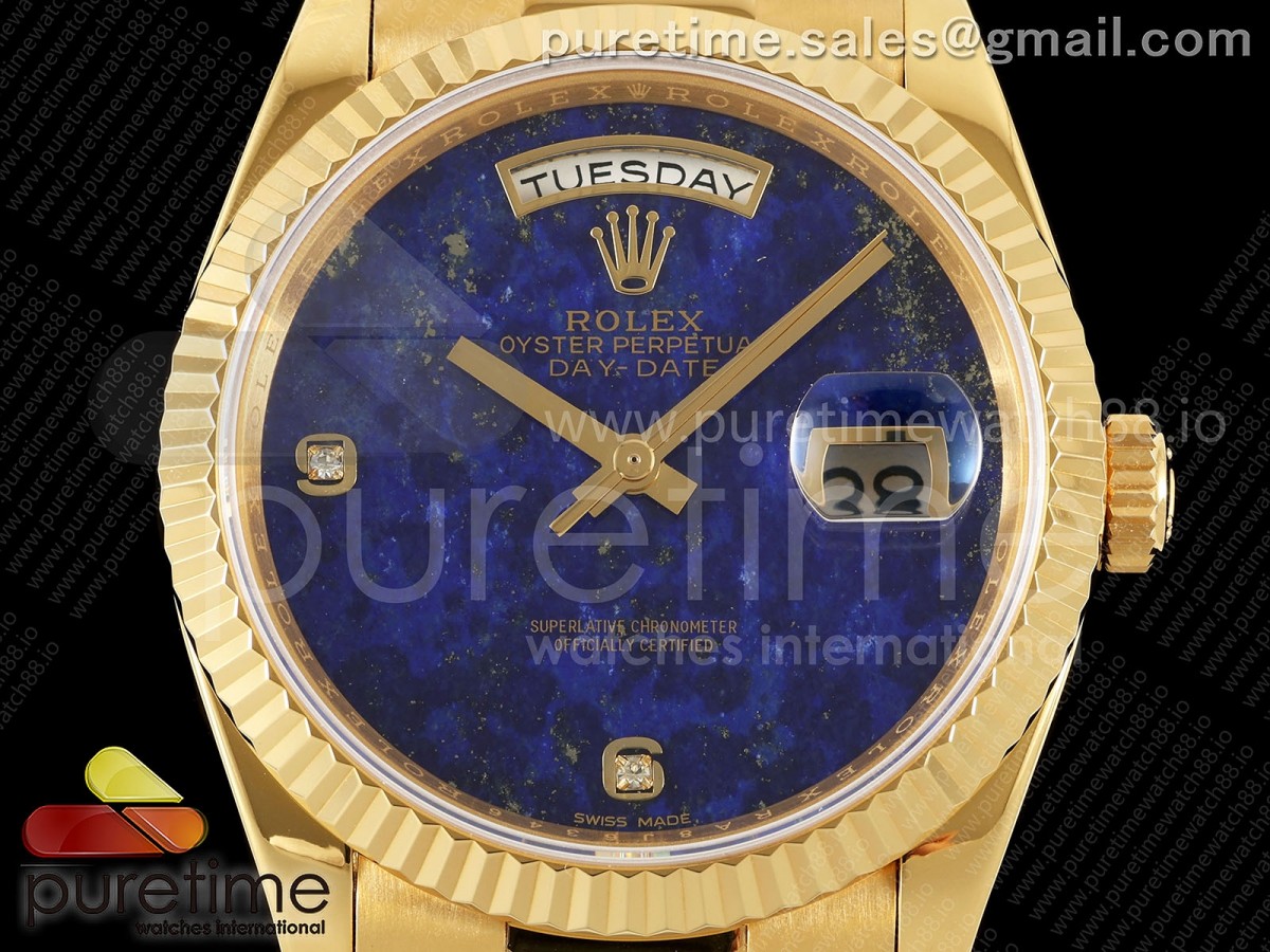 Day Date 36 YG RAF Blue Lapis Diamonds Dial Fluted Bezel on YG Bracelet A2836