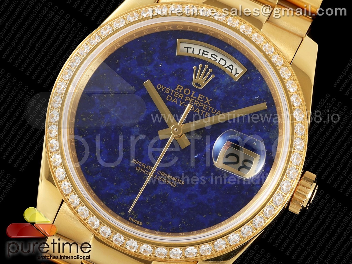 Day Date 36 YG RAF Blue Lapis Dial Diamonds Bezel on YG Bracelet A2836