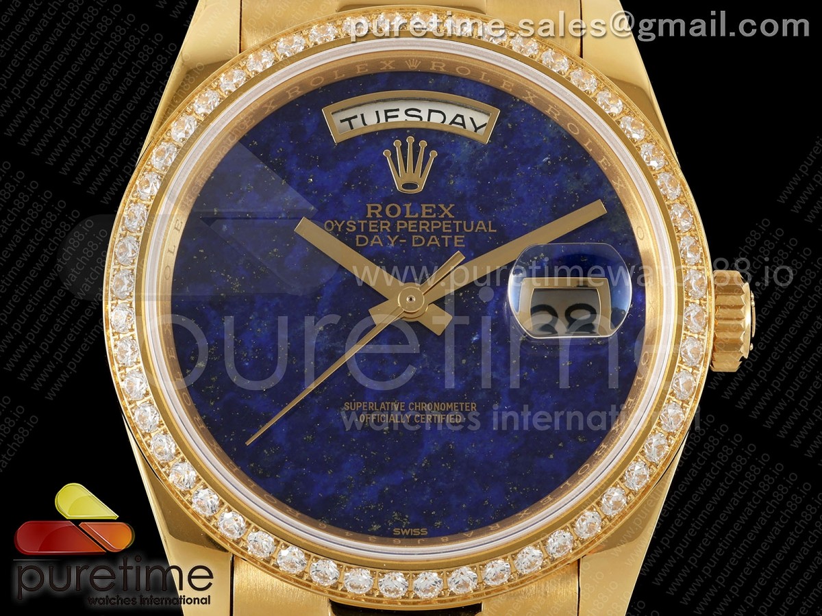 Day Date 36 YG RAF Blue Lapis Dial Diamonds Bezel on YG Bracelet A2836