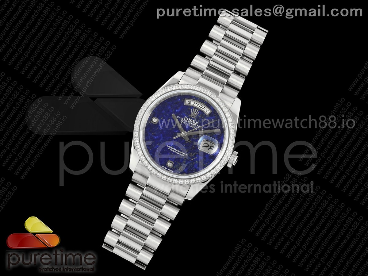 Day Date 36 SS RAF Blue Lapis 2 Diamonds Dial Diamonds Bezel on SS Bracelet A2836