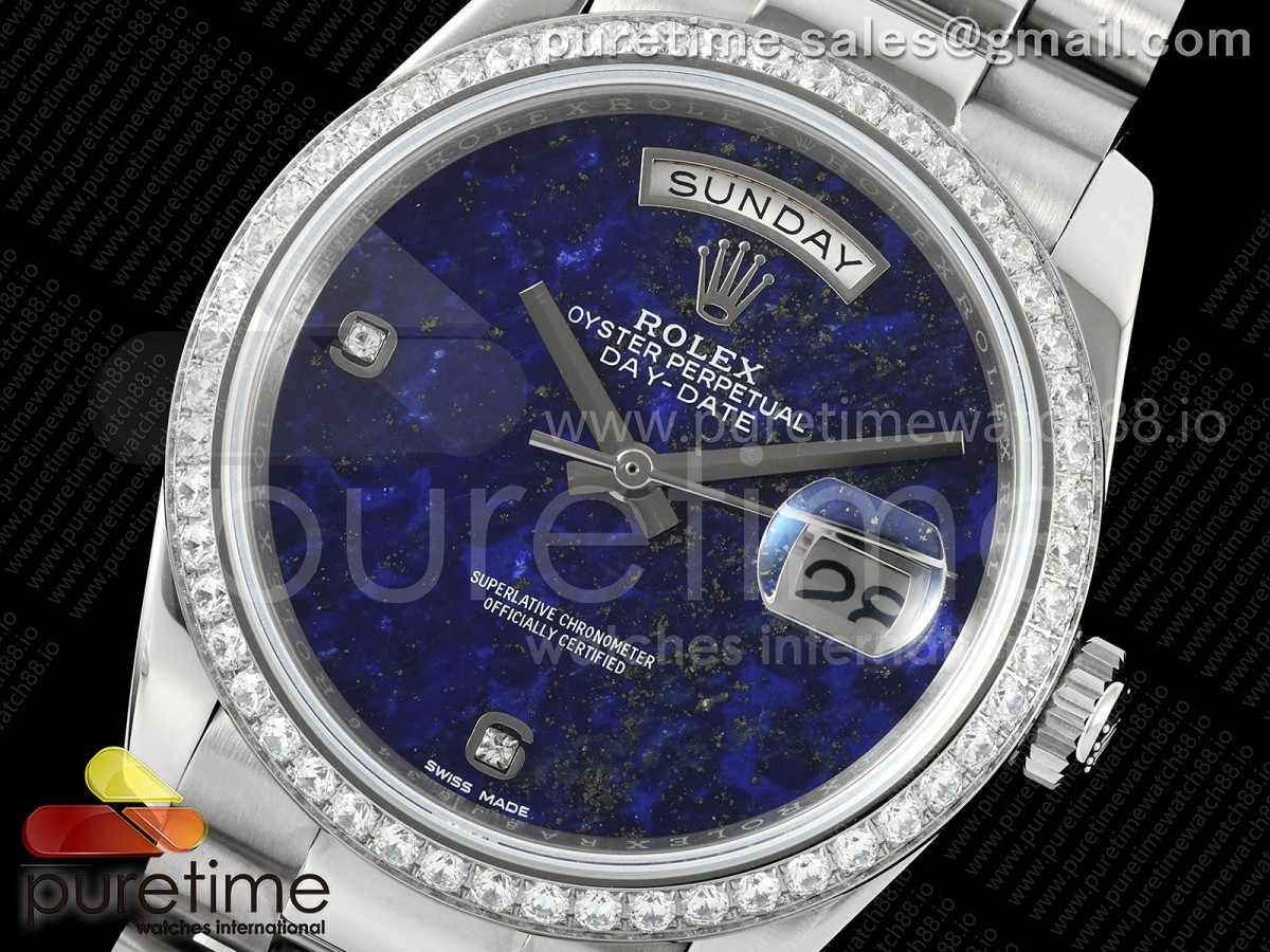 Day Date 36 SS RAF Blue Lapis 2 Diamonds Dial Diamonds Bezel on SS Bracelet A2836