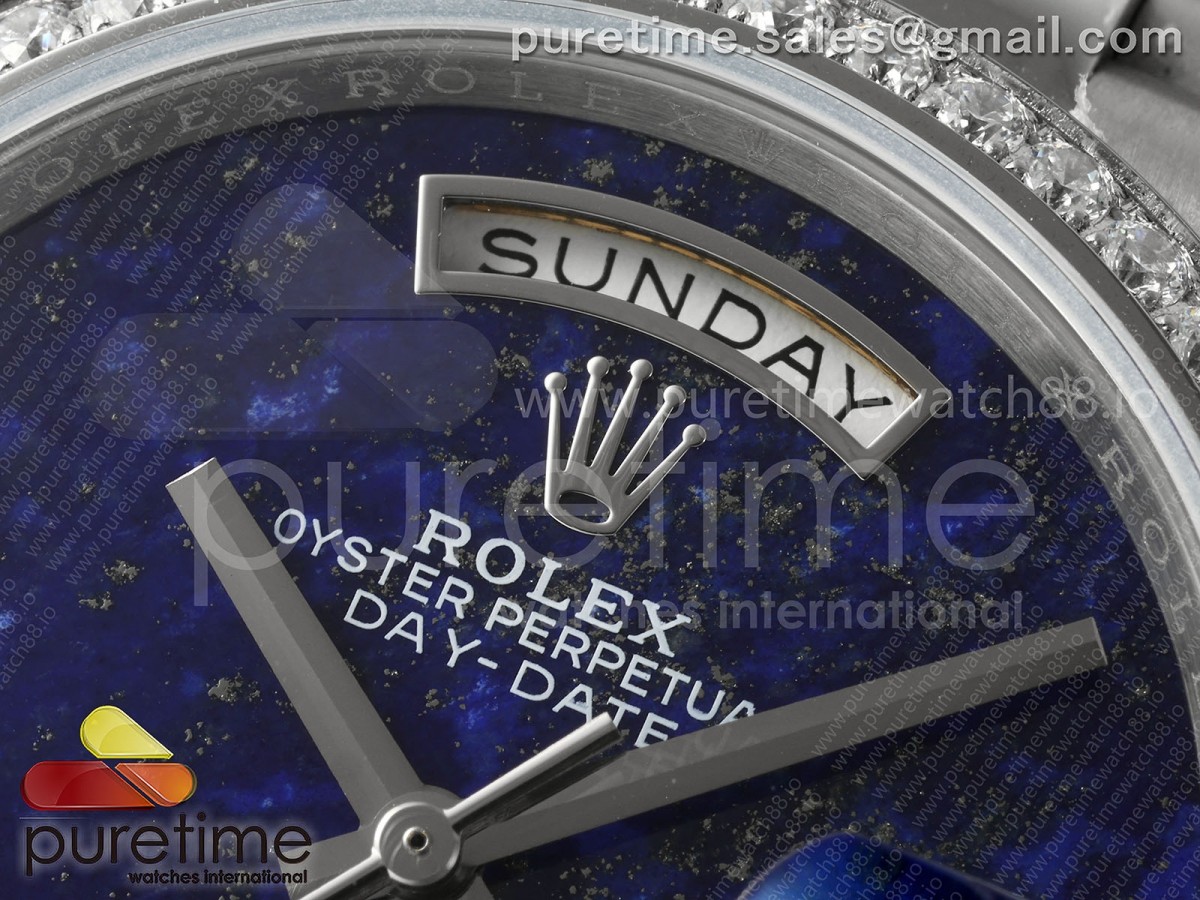 Day Date 36 SS RAF Blue Lapis 2 Diamonds Dial Diamonds Bezel on SS Bracelet A2836