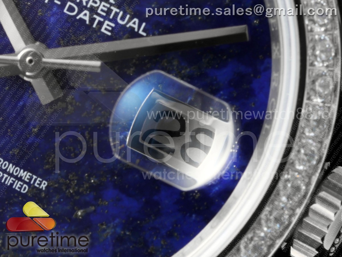 Day Date 36 SS RAF Blue Lapis 2 Diamonds Dial Diamonds Bezel on SS Bracelet A2836