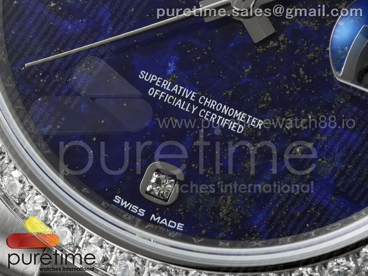 Day Date 36 SS RAF Blue Lapis 2 Diamonds Dial Diamonds Bezel on SS Bracelet A2836