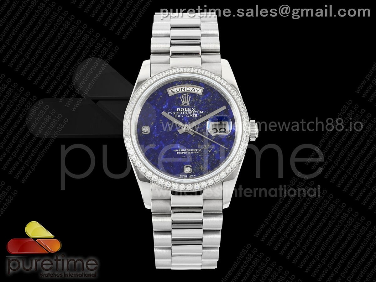 Day Date 36 SS RAF Blue Lapis 2 Diamonds Dial Diamonds Bezel on SS Bracelet A2836