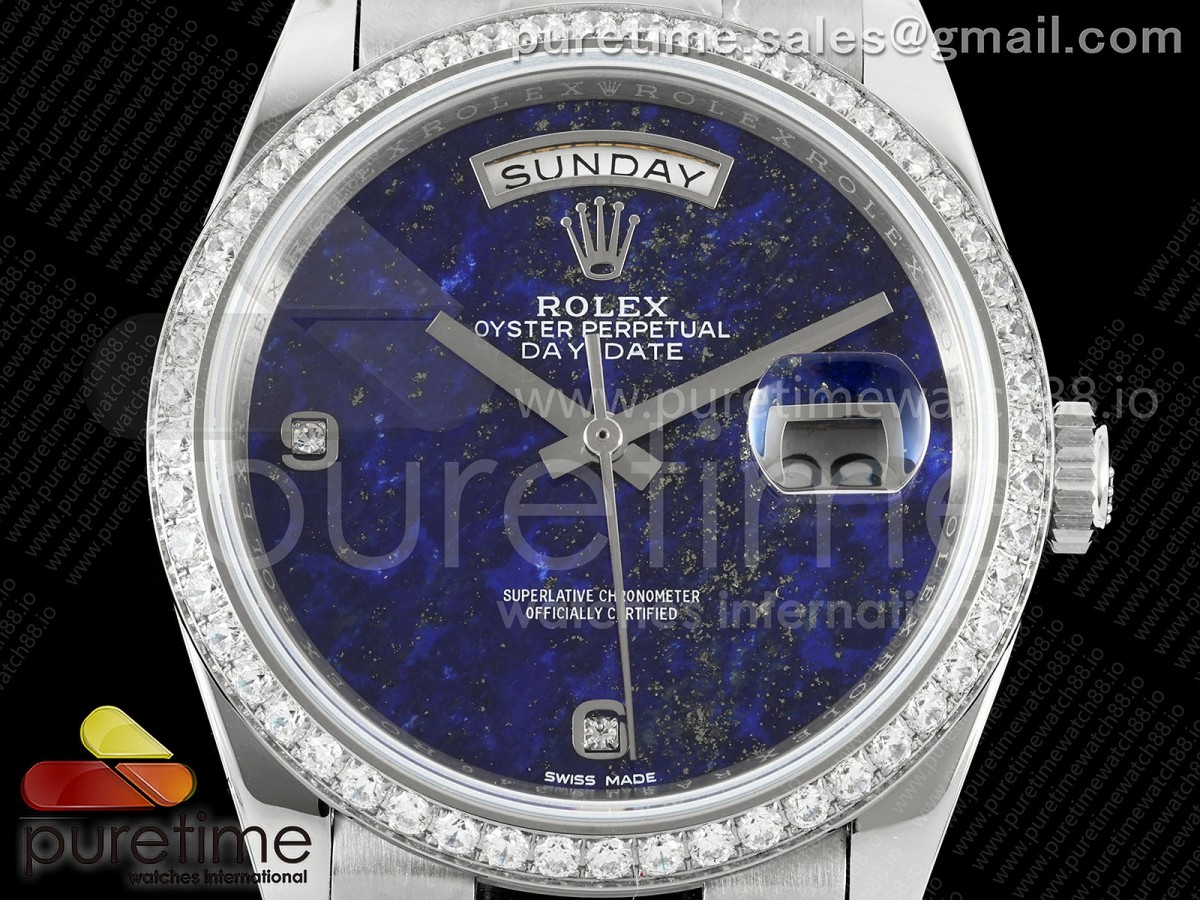 Day Date 36 SS RAF Blue Lapis 2 Diamonds Dial Diamonds Bezel on SS Bracelet A2836