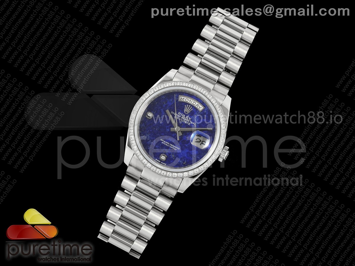 Day Date 36 SS RAF Blue Lapis 1 Diamonds Dial Diamonds Bezel on SS Bracelet A2836