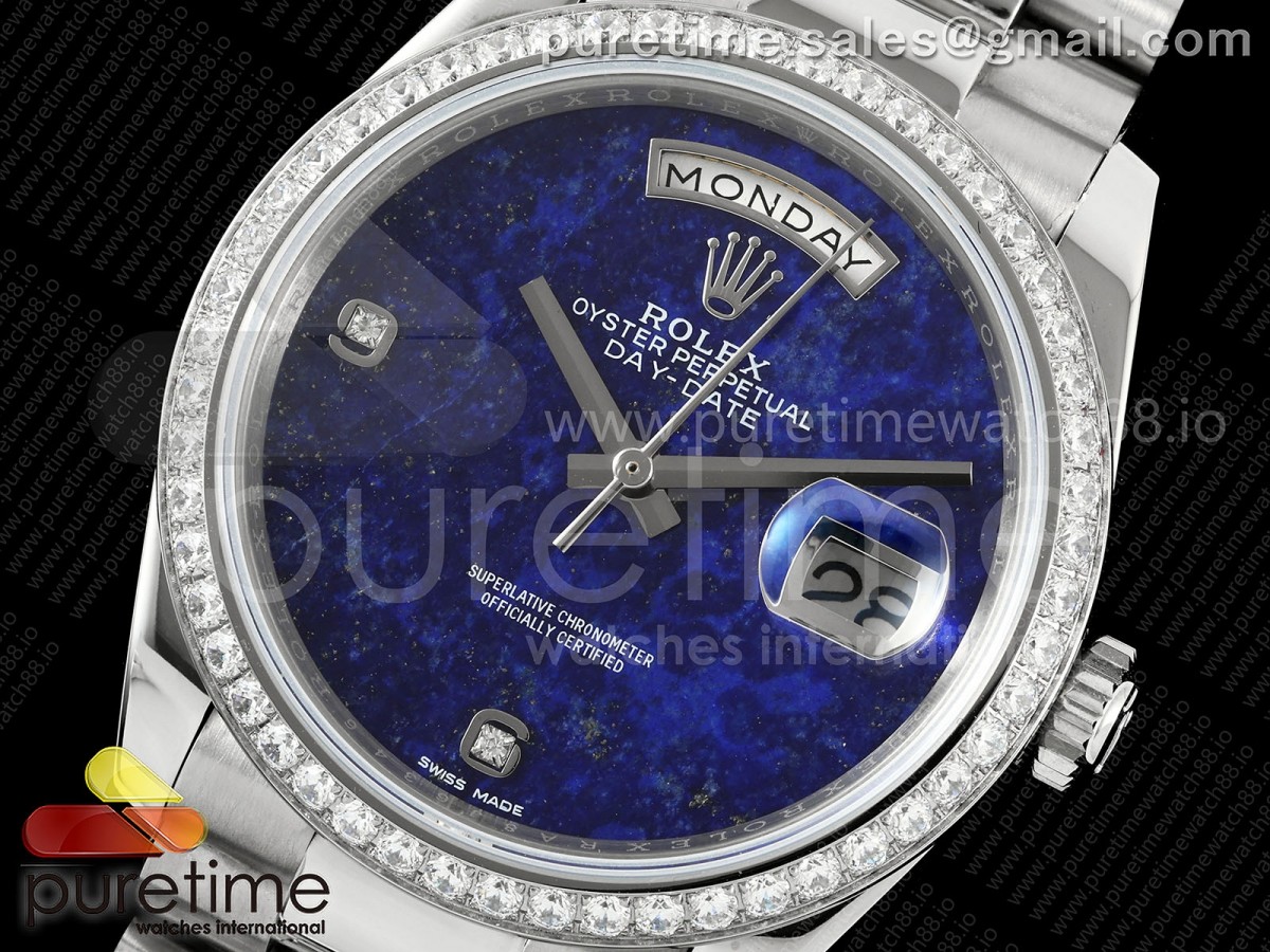 Day Date 36 SS RAF Blue Lapis 1 Diamonds Dial Diamonds Bezel on SS Bracelet A2836