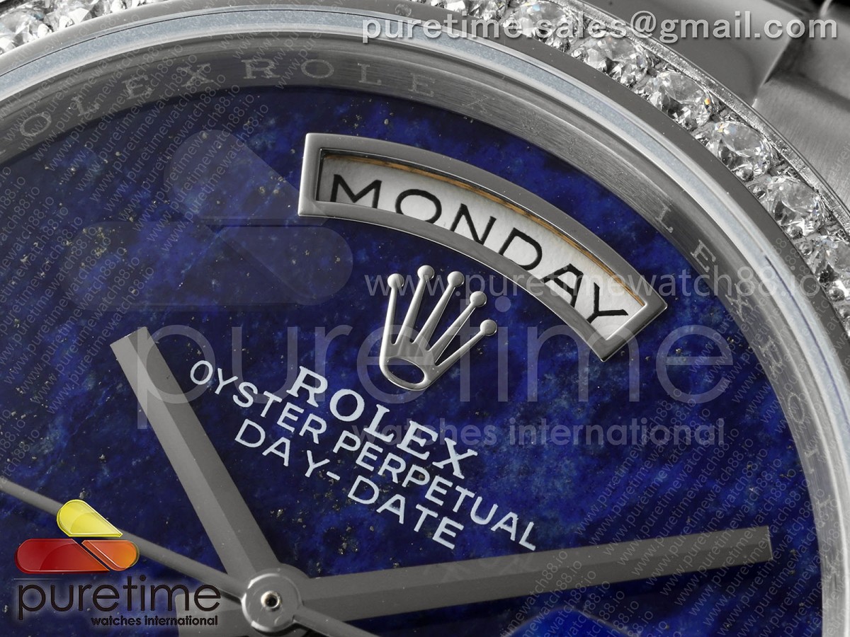 Day Date 36 SS RAF Blue Lapis 1 Diamonds Dial Diamonds Bezel on SS Bracelet A2836