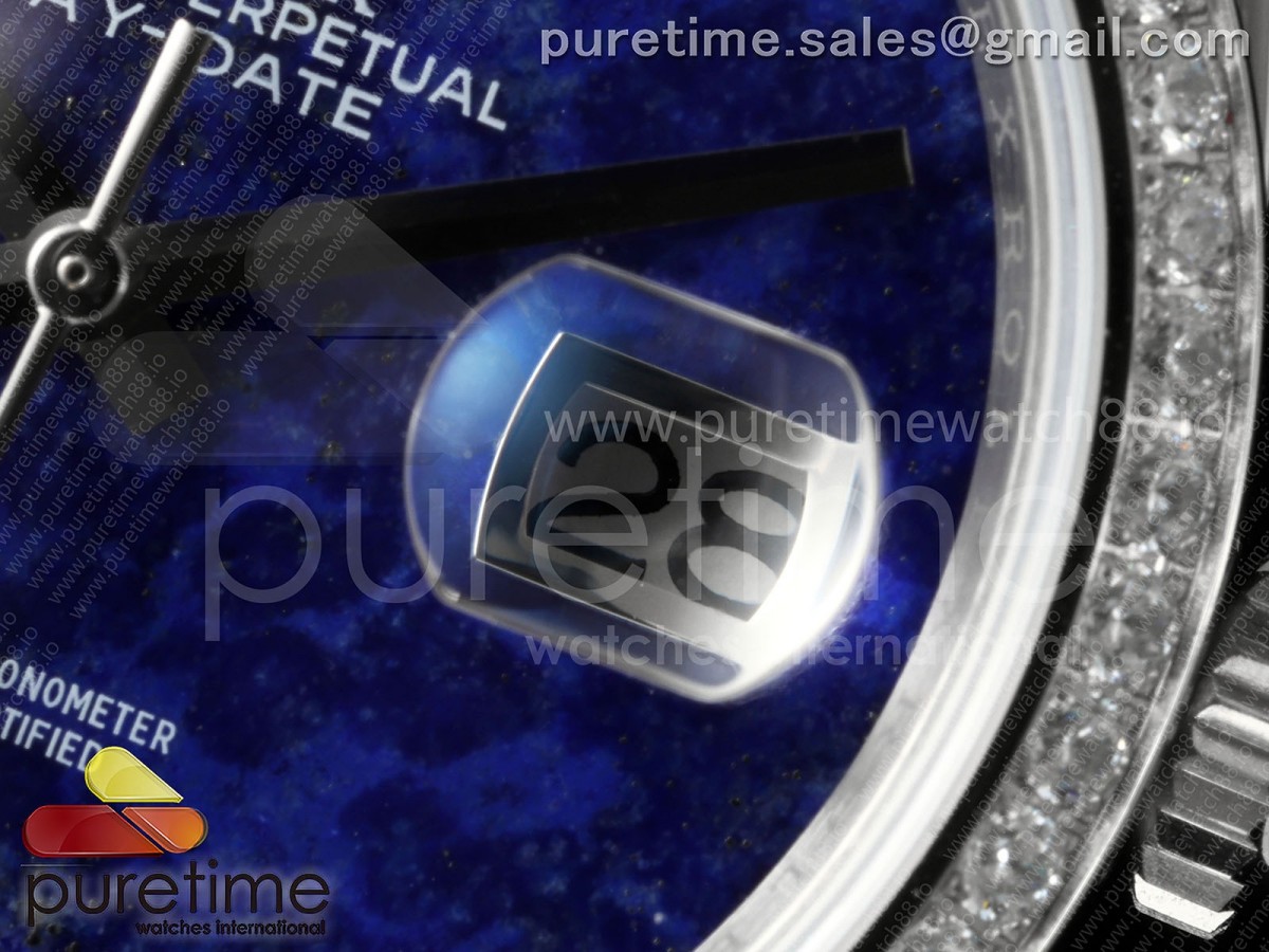 Day Date 36 SS RAF Blue Lapis 1 Diamonds Dial Diamonds Bezel on SS Bracelet A2836