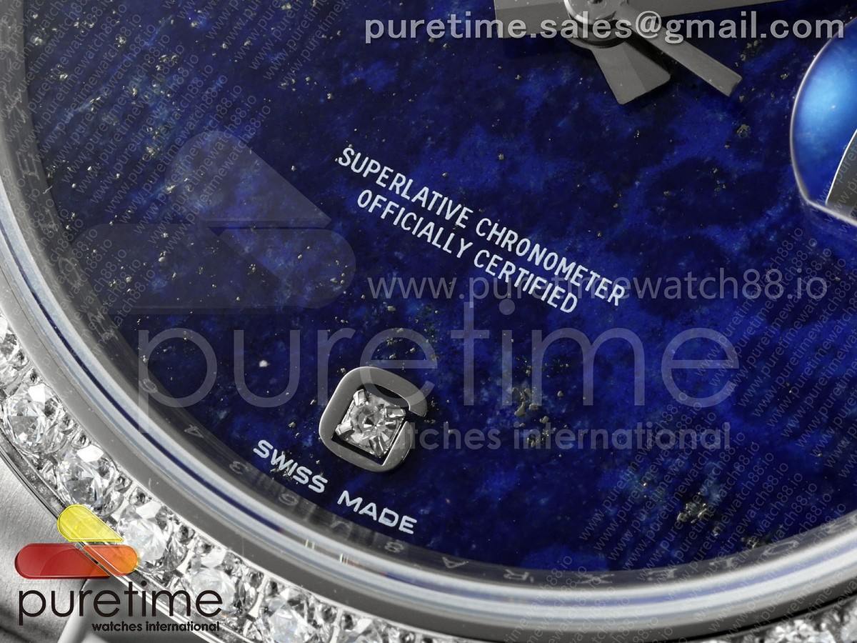 Day Date 36 SS RAF Blue Lapis 1 Diamonds Dial Diamonds Bezel on SS Bracelet A2836