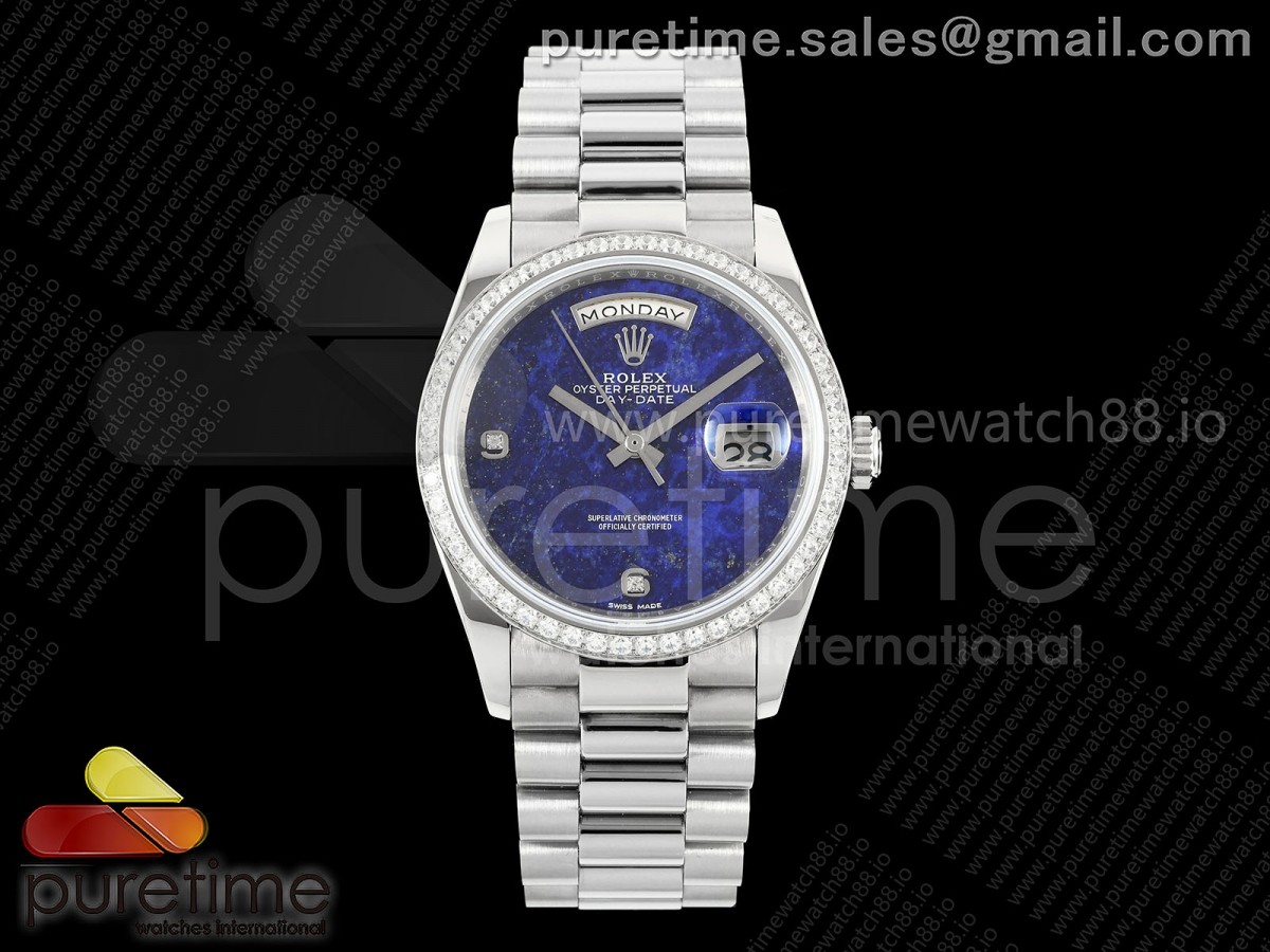 Day Date 36 SS RAF Blue Lapis 1 Diamonds Dial Diamonds Bezel on SS Bracelet A2836