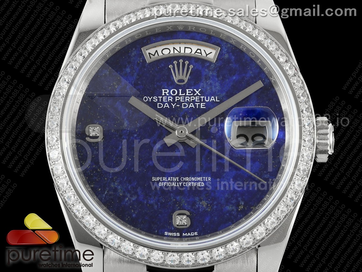 Day Date 36 SS RAF Blue Lapis 1 Diamonds Dial Diamonds Bezel on SS Bracelet A2836