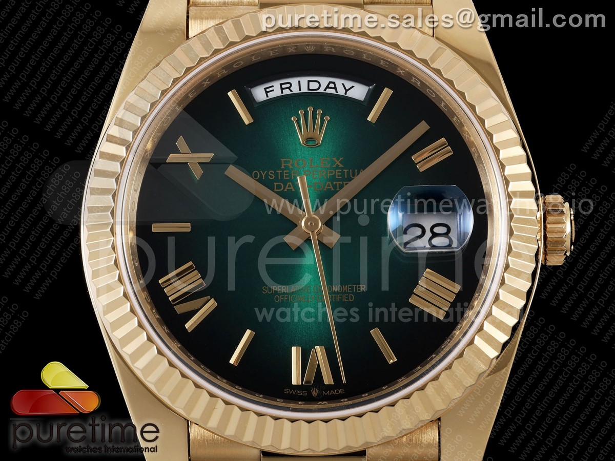 Day Date 40 YG TMF Green Ombre Roman Dial on President Bracelet VR3255