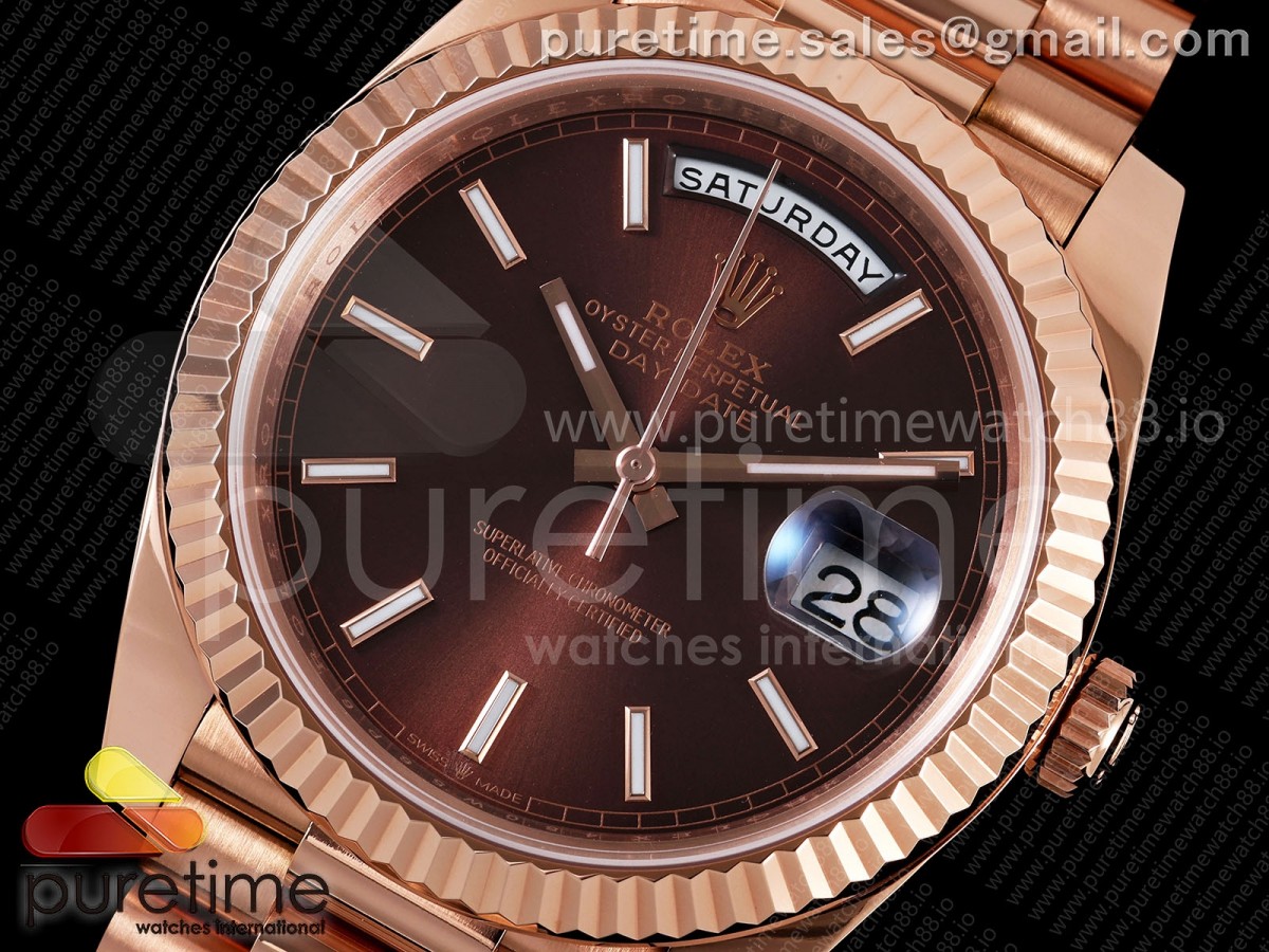 Day Date 40 RG TMF Brown Stick Dial on President Bracelet VR3255