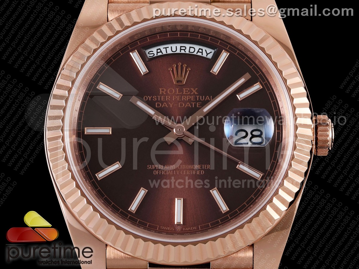 Day Date 40 RG TMF Brown Stick Dial on President Bracelet VR3255
