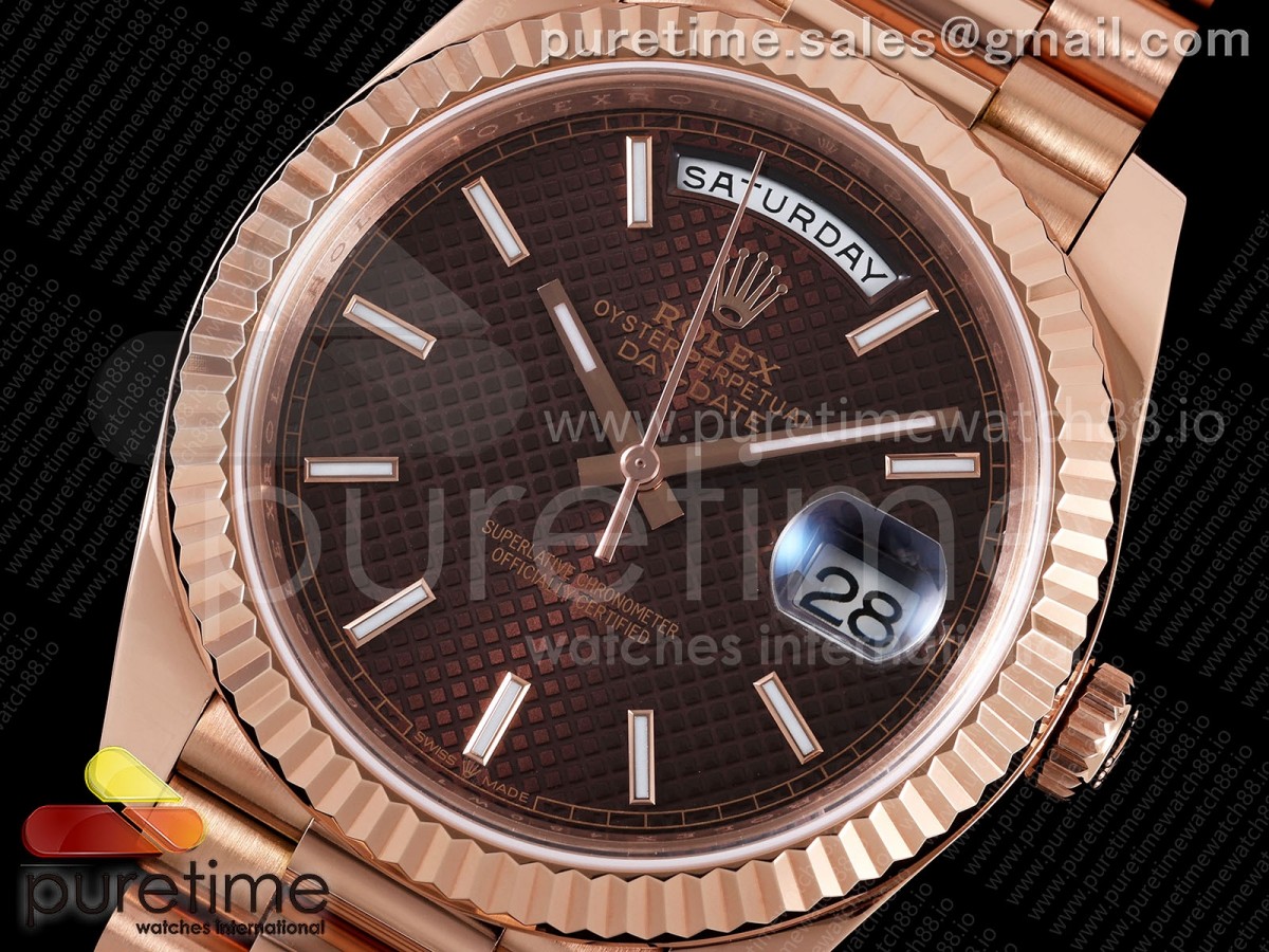 Day Date 40 RG TMF Brown Textured Stick Dial on President Bracelet VR3255
