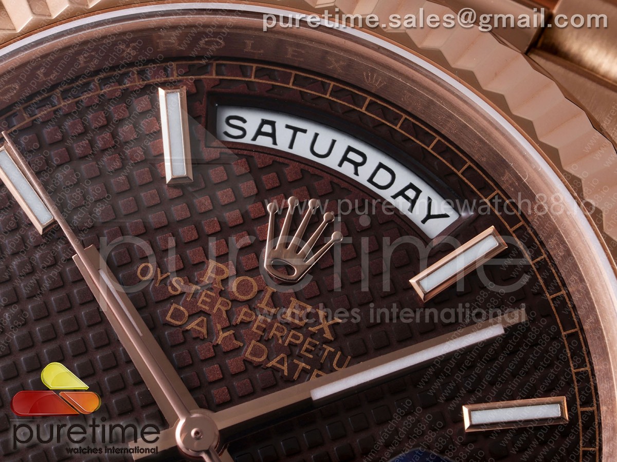 Day Date 40 RG TMF Brown Textured Stick Dial on President Bracelet VR3255