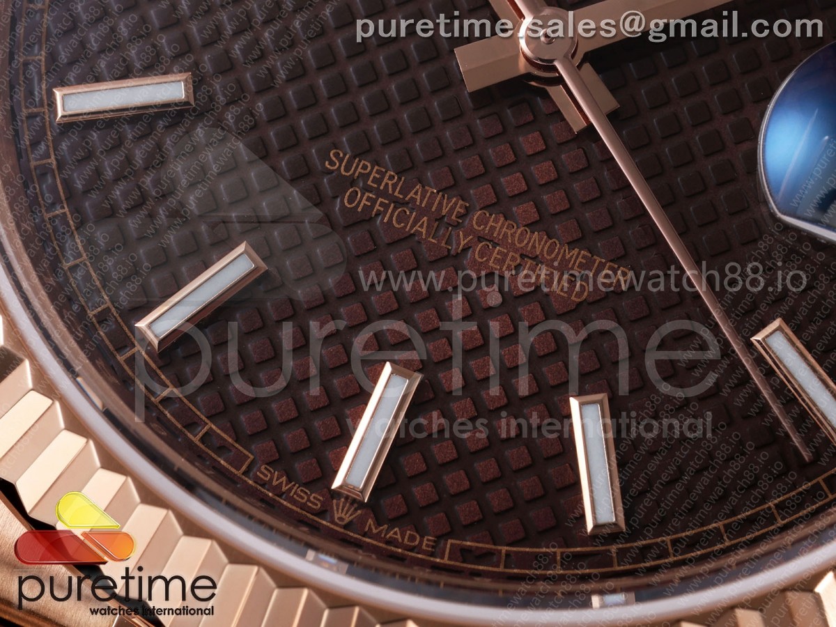 Day Date 40 RG TMF Brown Textured Stick Dial on President Bracelet VR3255