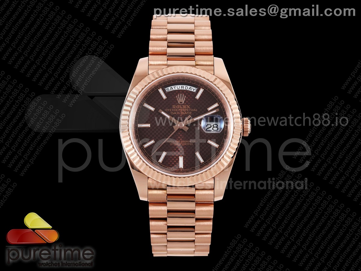Day Date 40 RG TMF Brown Textured Stick Dial on President Bracelet VR3255