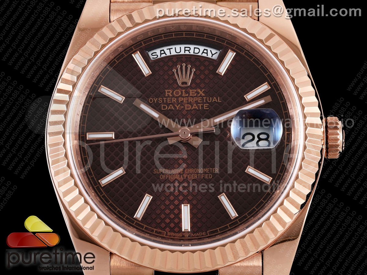 Day Date 40 RG TMF Brown Textured Stick Dial on President Bracelet VR3255