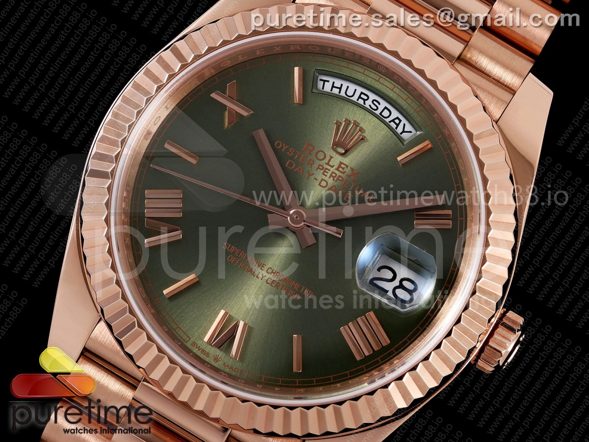 Day Date 40 RG TMF Green Roman Dial on President Bracelet VR3255